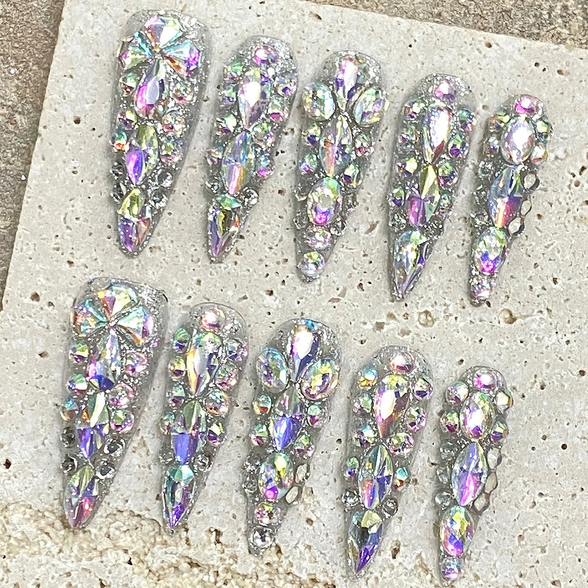 10pcs Handmade Press On Nails Long Stiletto False Nails Massive Glossy Rhinestone Decor Full Cover Ballerina Wearable Manicure