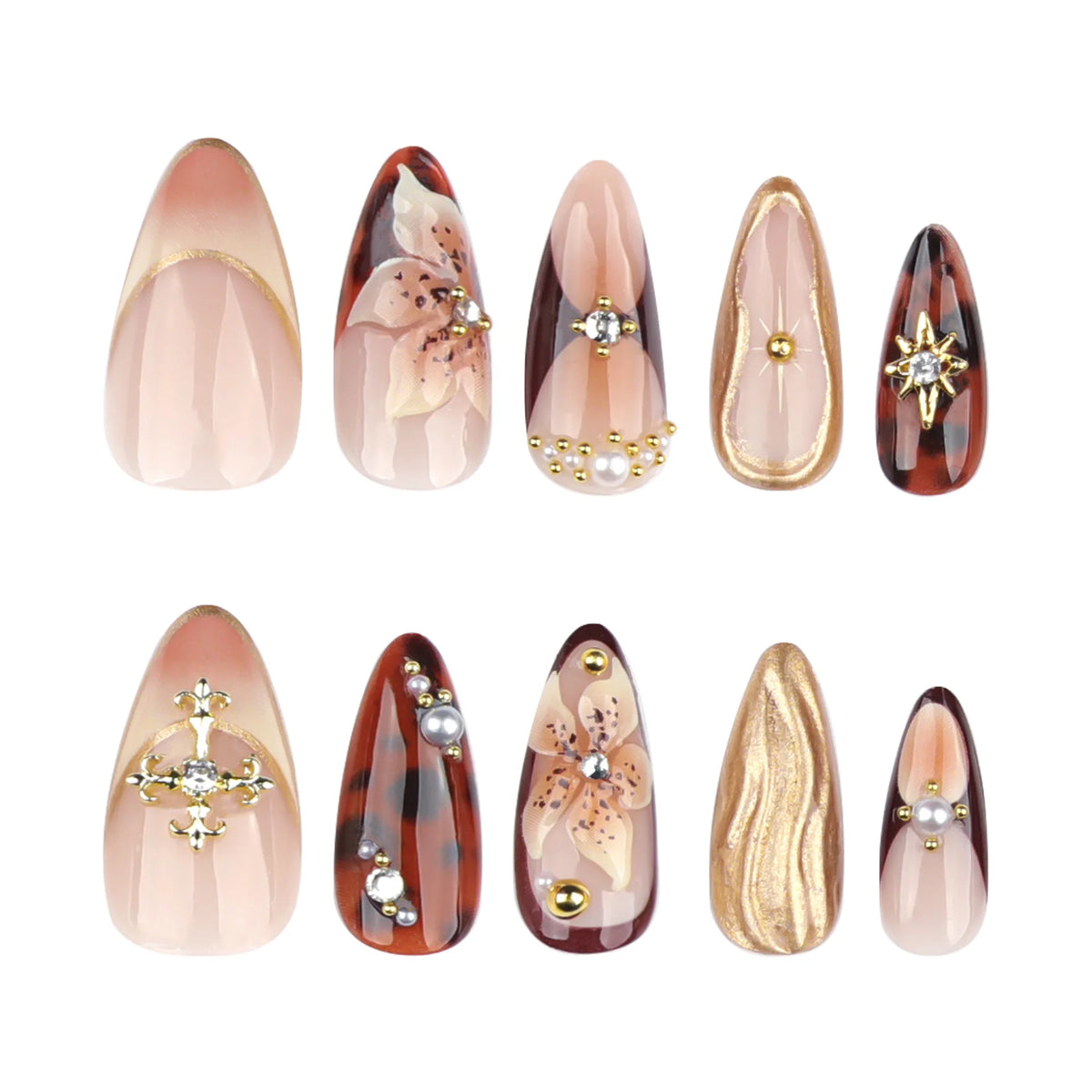 Luxury Maillard Almond Press on Nails with 3D Flower Cross Shell Design